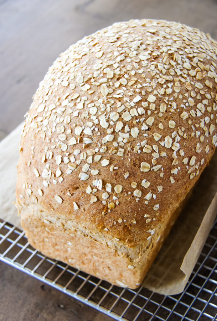 close up of a loaf of oatmeal bread