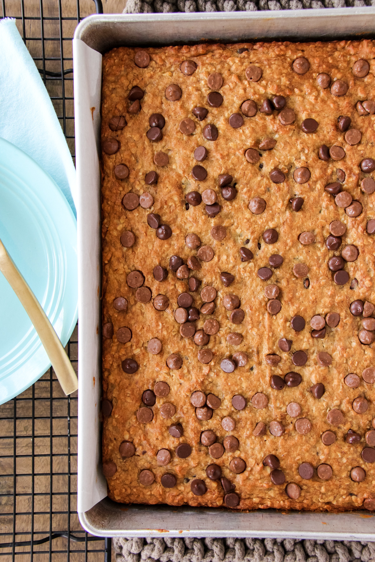 a top down view of baking pan of Peanut Butter Chocolate Chip Banana Oatmeal Bars