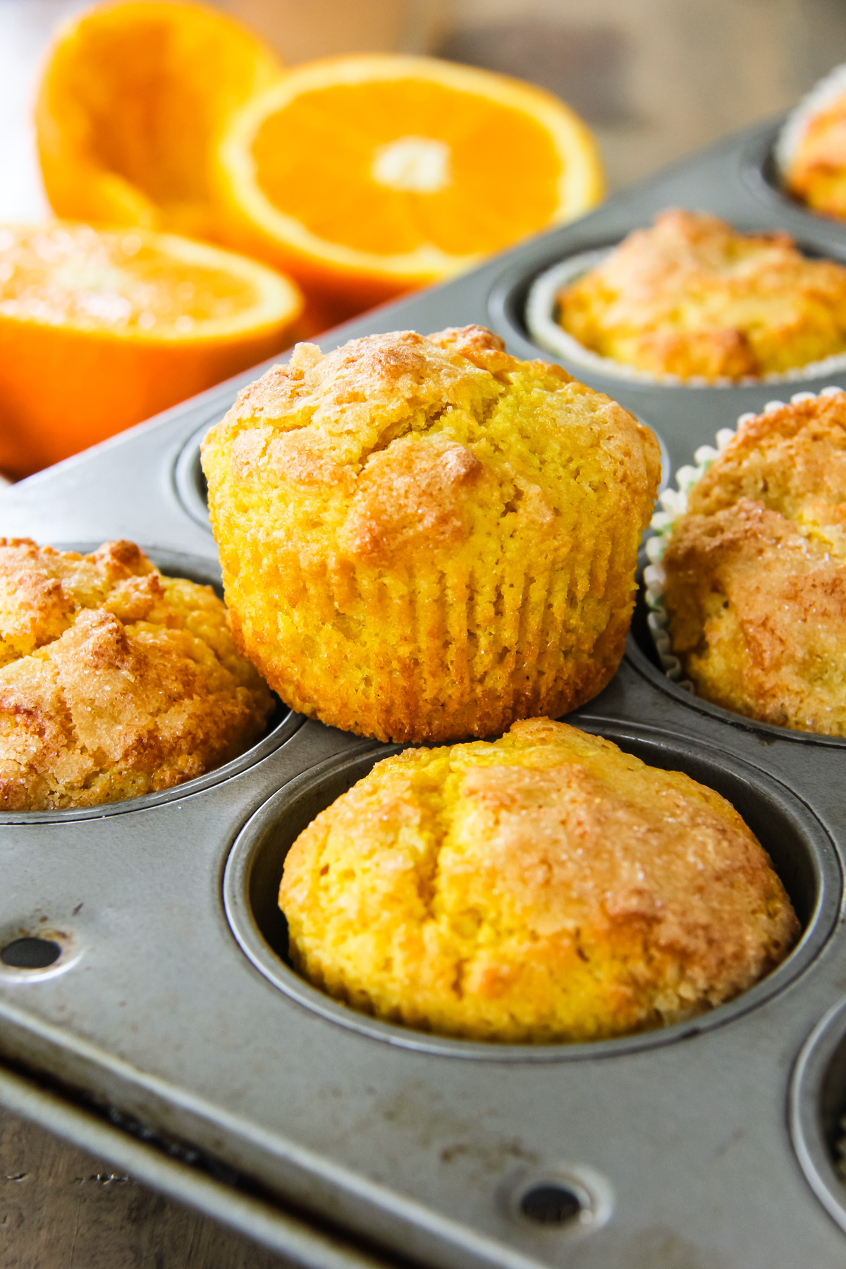 an orange blender muffin sitting on a muffin tray. in the background are two orange halves