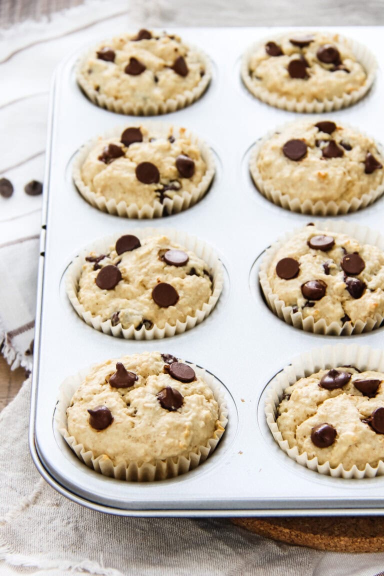 Chocolate Chip Cottage Cheese Muffins in a muffin tin