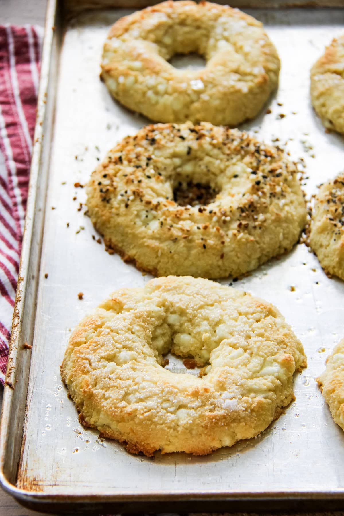 baked Cottage Cheese Bagels on a baking sheet
