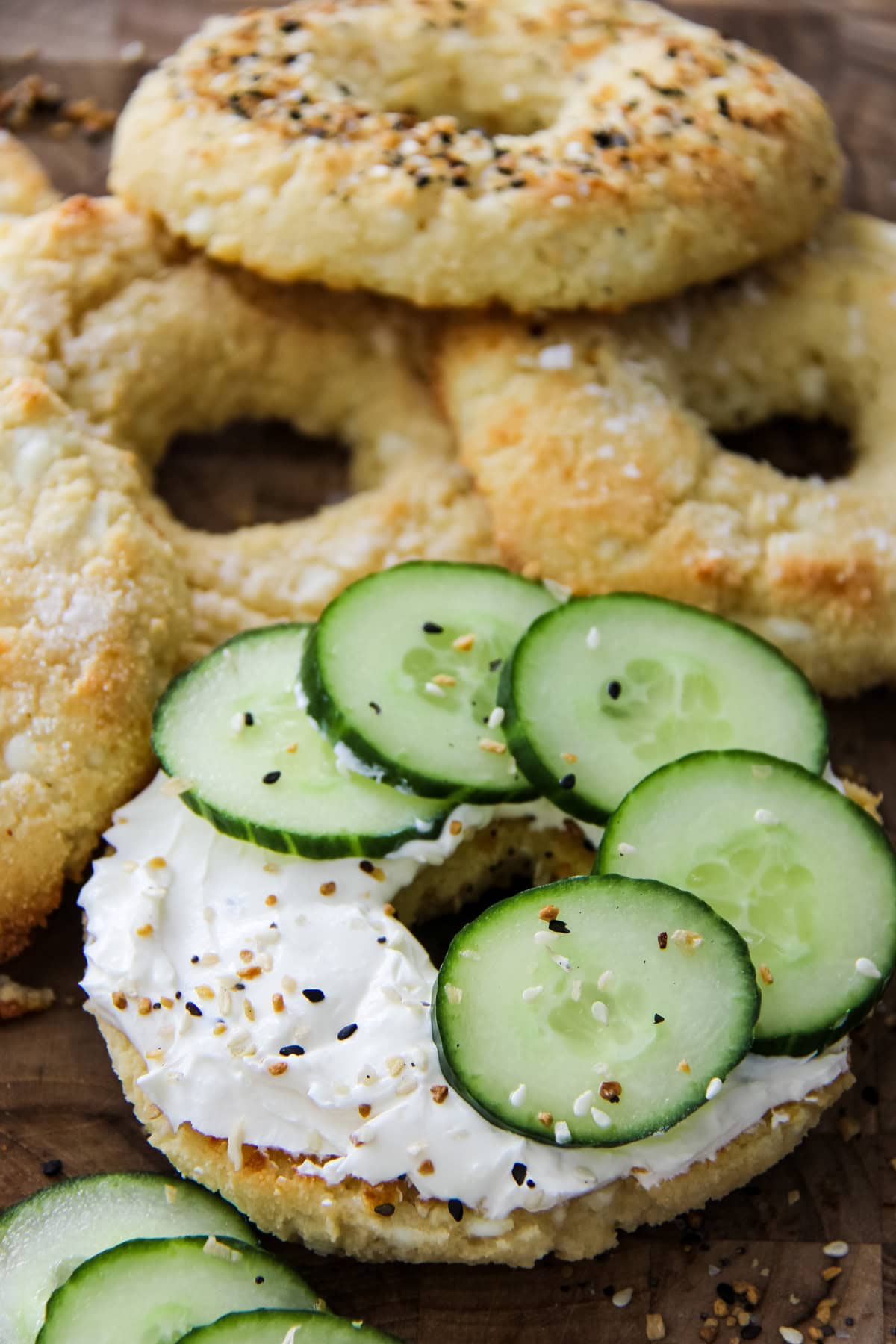 Cottage Cheese Bagels with sliced cucumbers and cream cheese