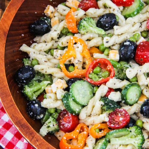 simple pasta salad in a wooden serving bowl
