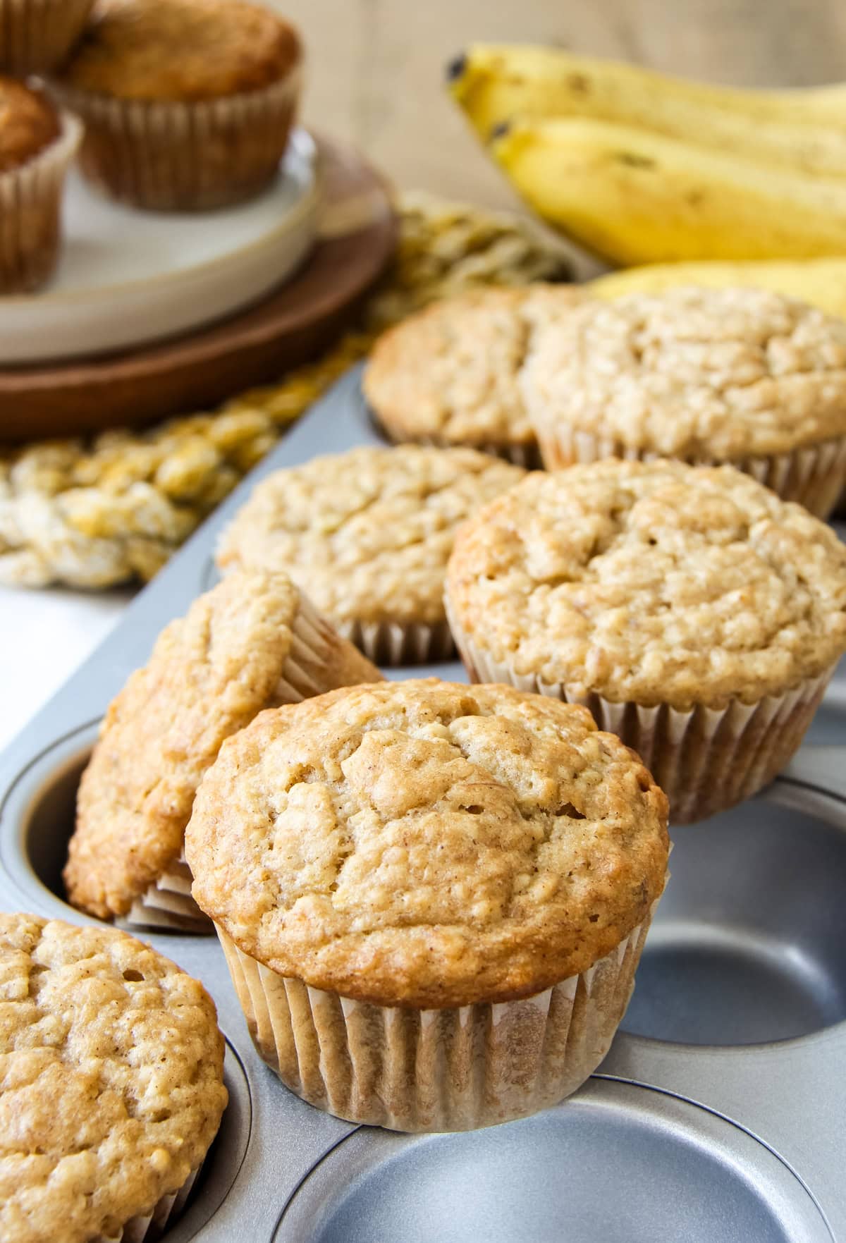 banana oatmeal muffins in a muffin tray