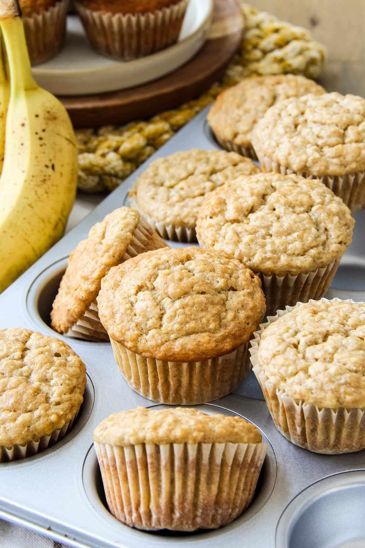 banana oatmeal muffins in a muffin tray